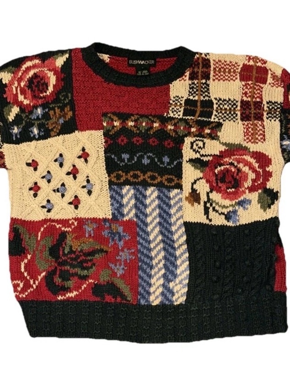 VNTG 90’s Bushwacker Floral Knit Long Sleeved Patchwork Pattern Sweater  Large